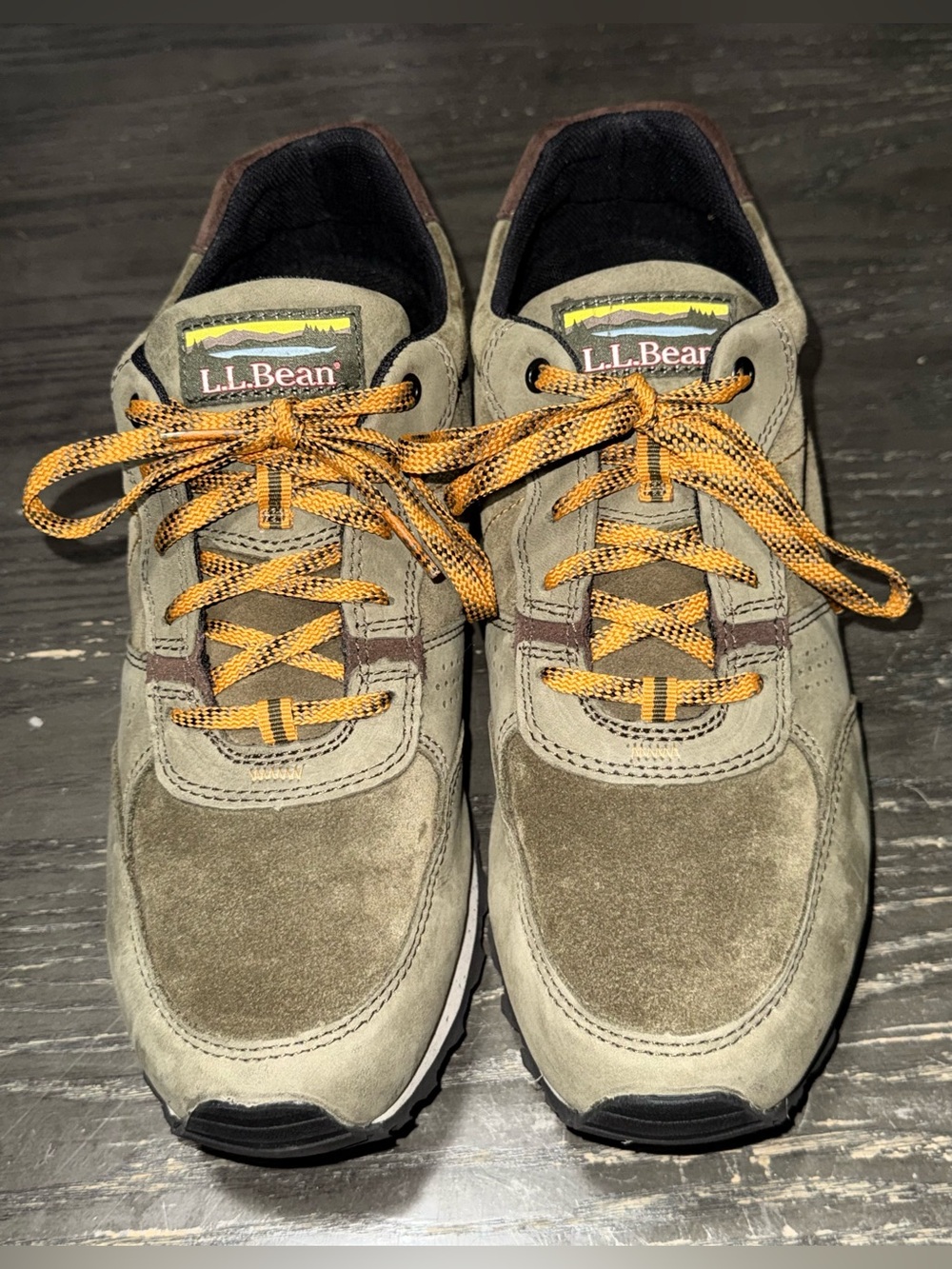 L.L. Bean Olive Suede Outdoor/Sneakers with Yellow Laces